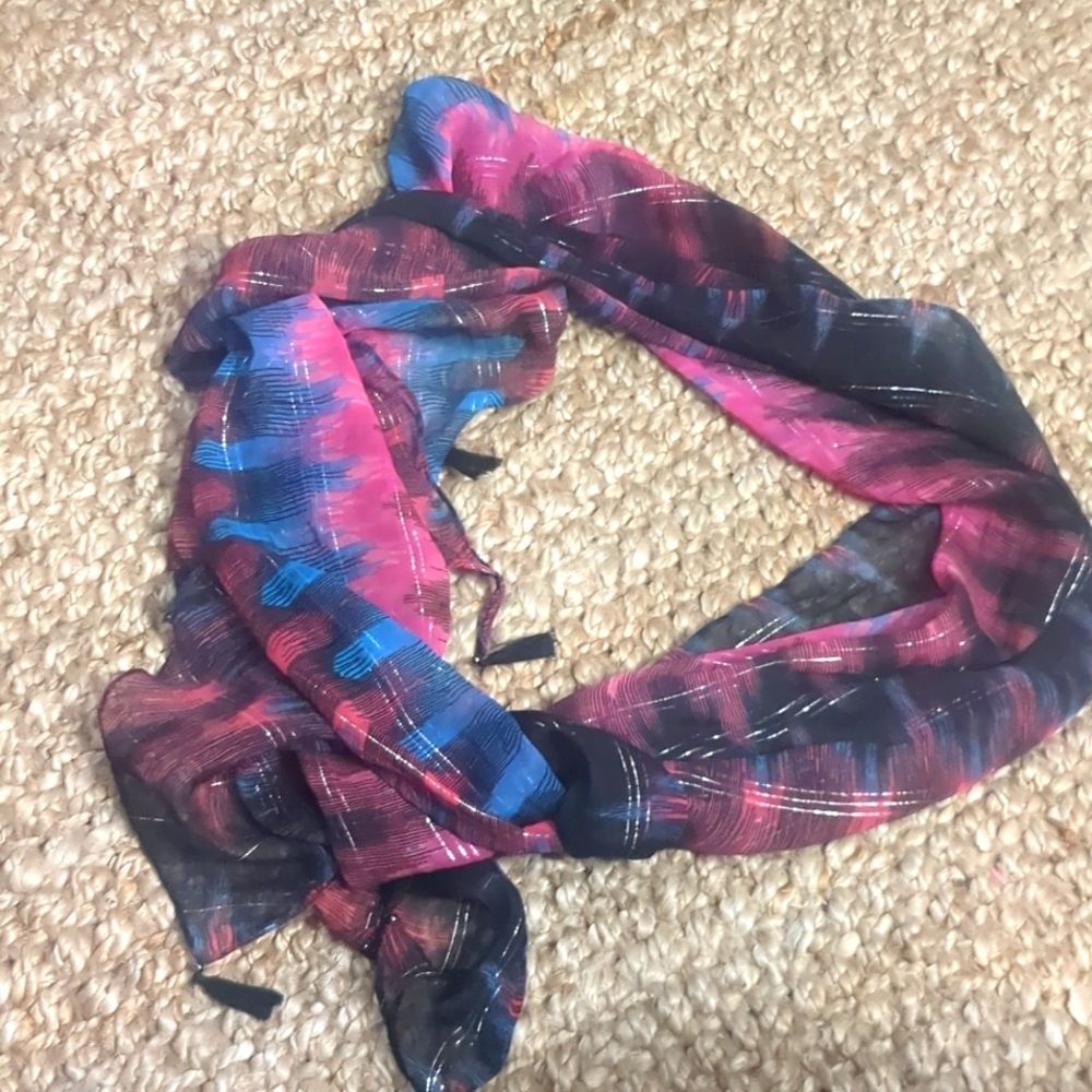 KENSIE SCARF PLALD Belt Wrap PINK TURQUOISE METALIC TASSLED LG